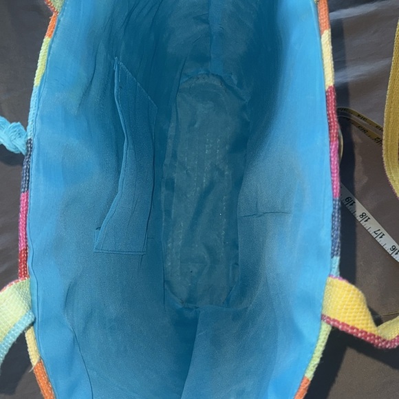 Colorful Rainbow Candy Stripe Bucket Tote Bag Woven Cotton Wood Button Accent - Picture 9 of 11